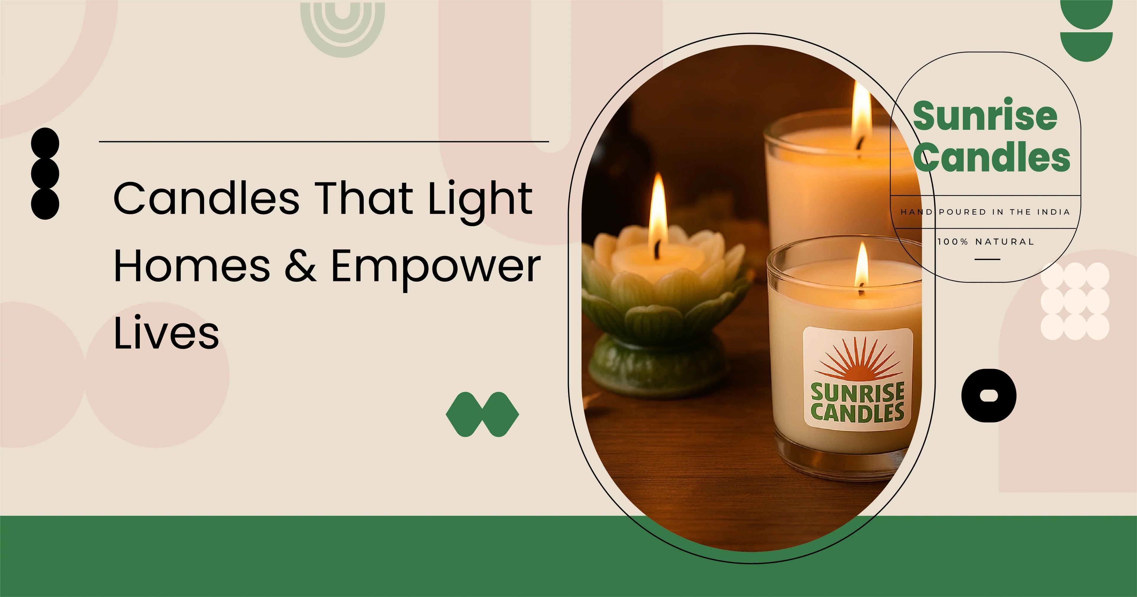 Scented glass and lotus-shaped candles burning on wooden table, Sunrise Candles branding visible.