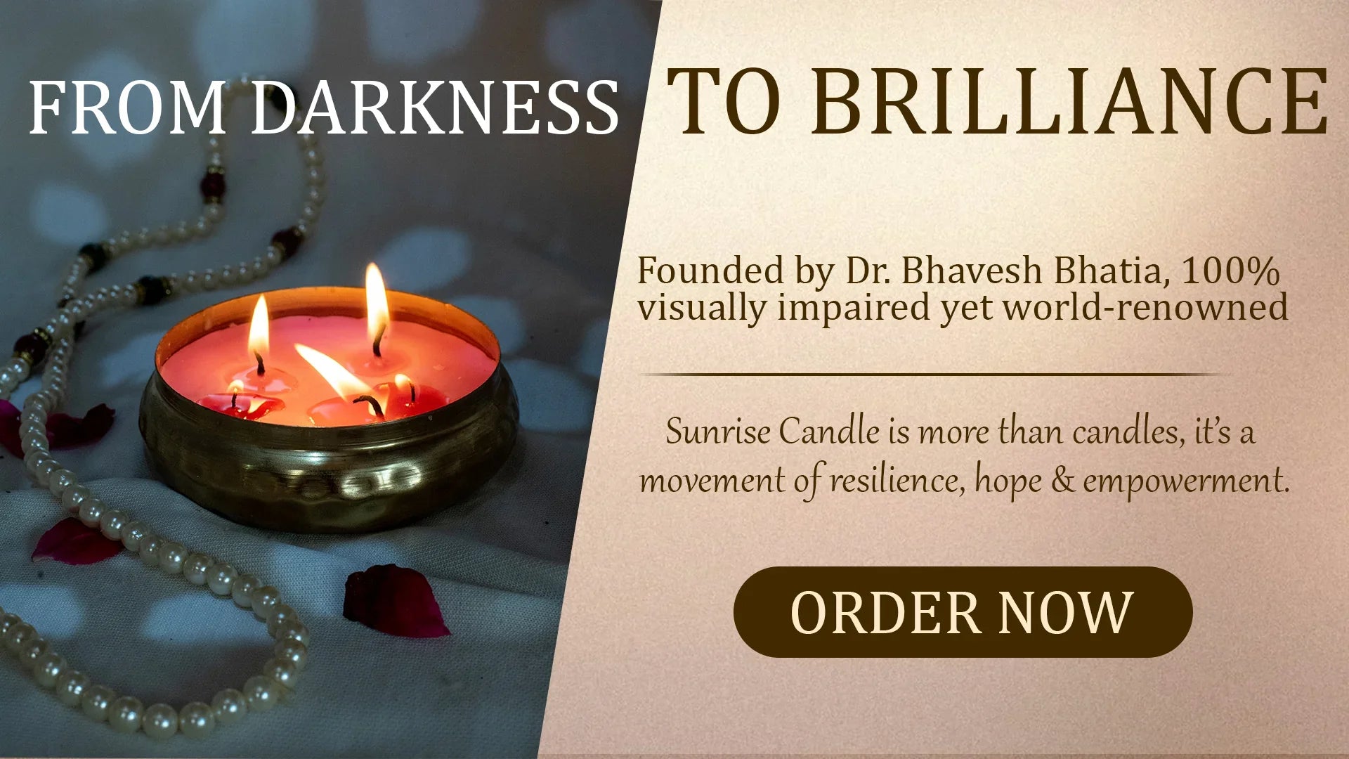 Lit round candle in brass holder with pearls and rose petals on fabric, empowerment message